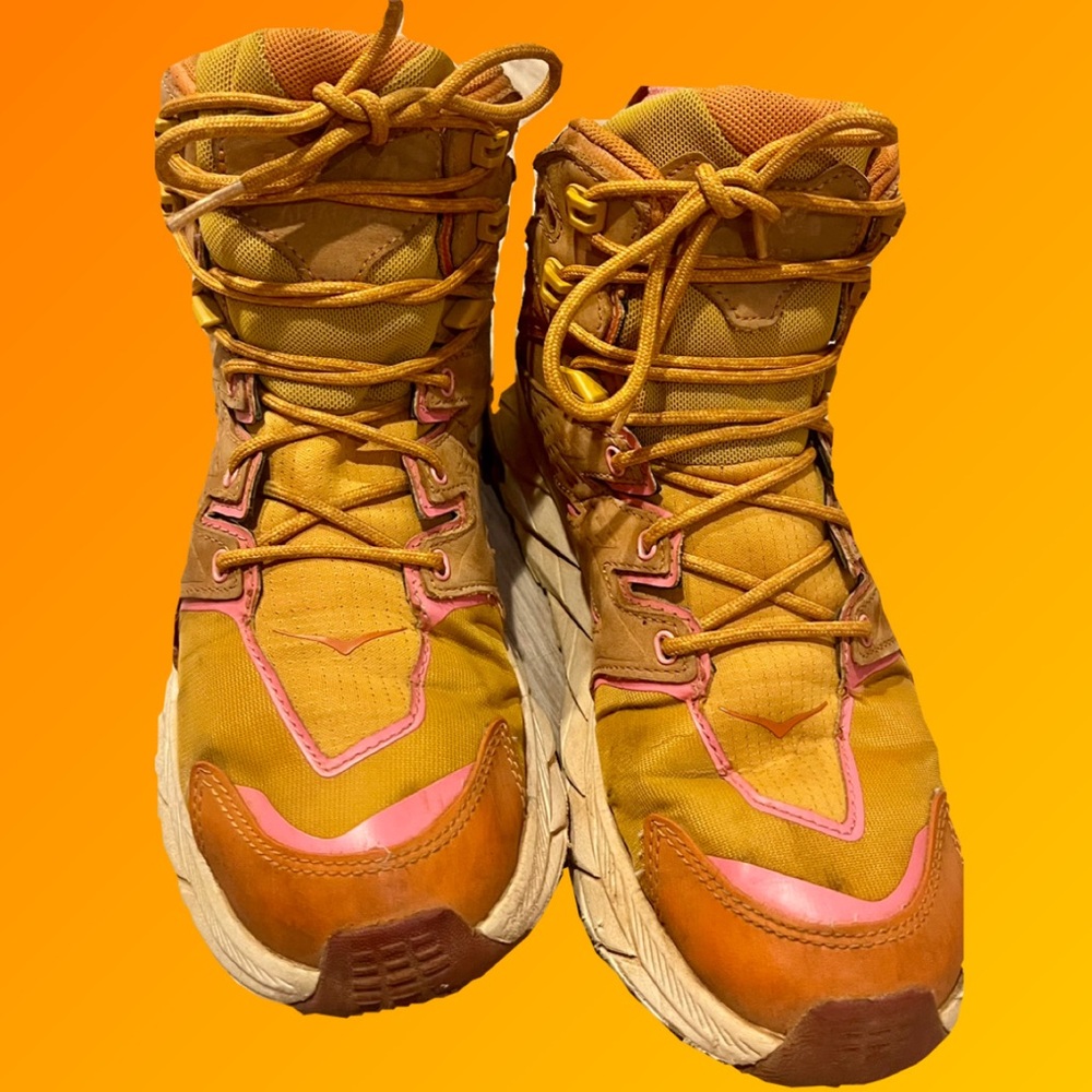 Hoka Athletic Shoes in Mustard and Pink